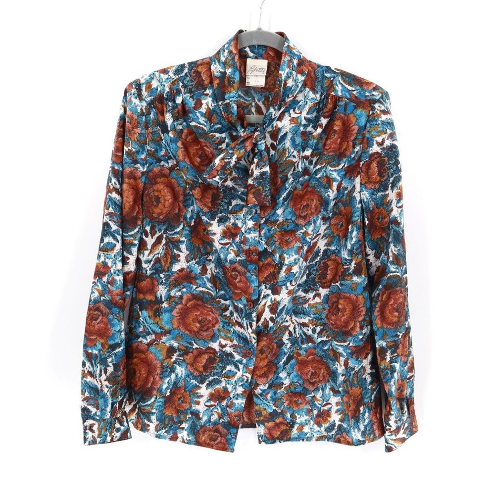 Pykettes Floral Blouse Womens 12 Blue Red Feminine Vintage Officecore Demure 70s